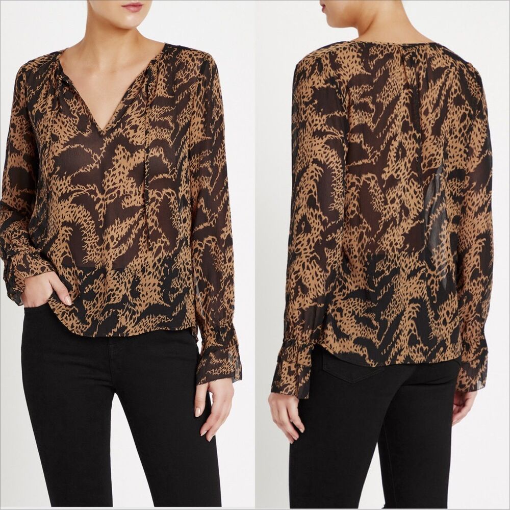 Paige Jojie Silk Blouse Hyde Black Mixed Tiger Size Medium Tie Detail Animal